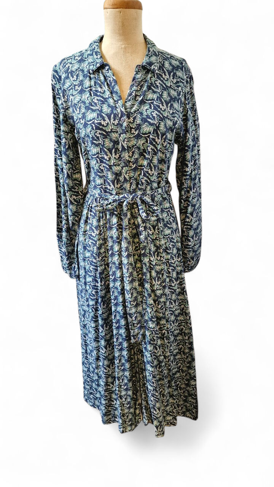 Kleid blau gemustert mit Schmetterlingen, Slow Fashion Gr. M, SECONDHAND