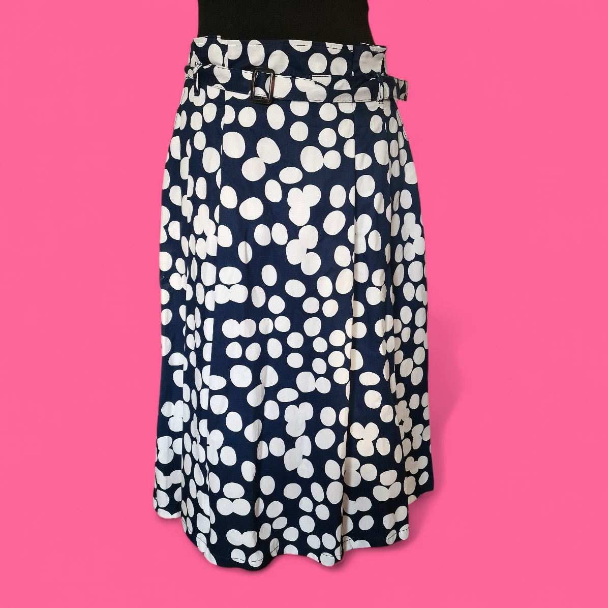 Blau-weißer Midi-Rock mit Polka Dots Baumwolle und Gürtel, Gr. 42  SECONDHAND