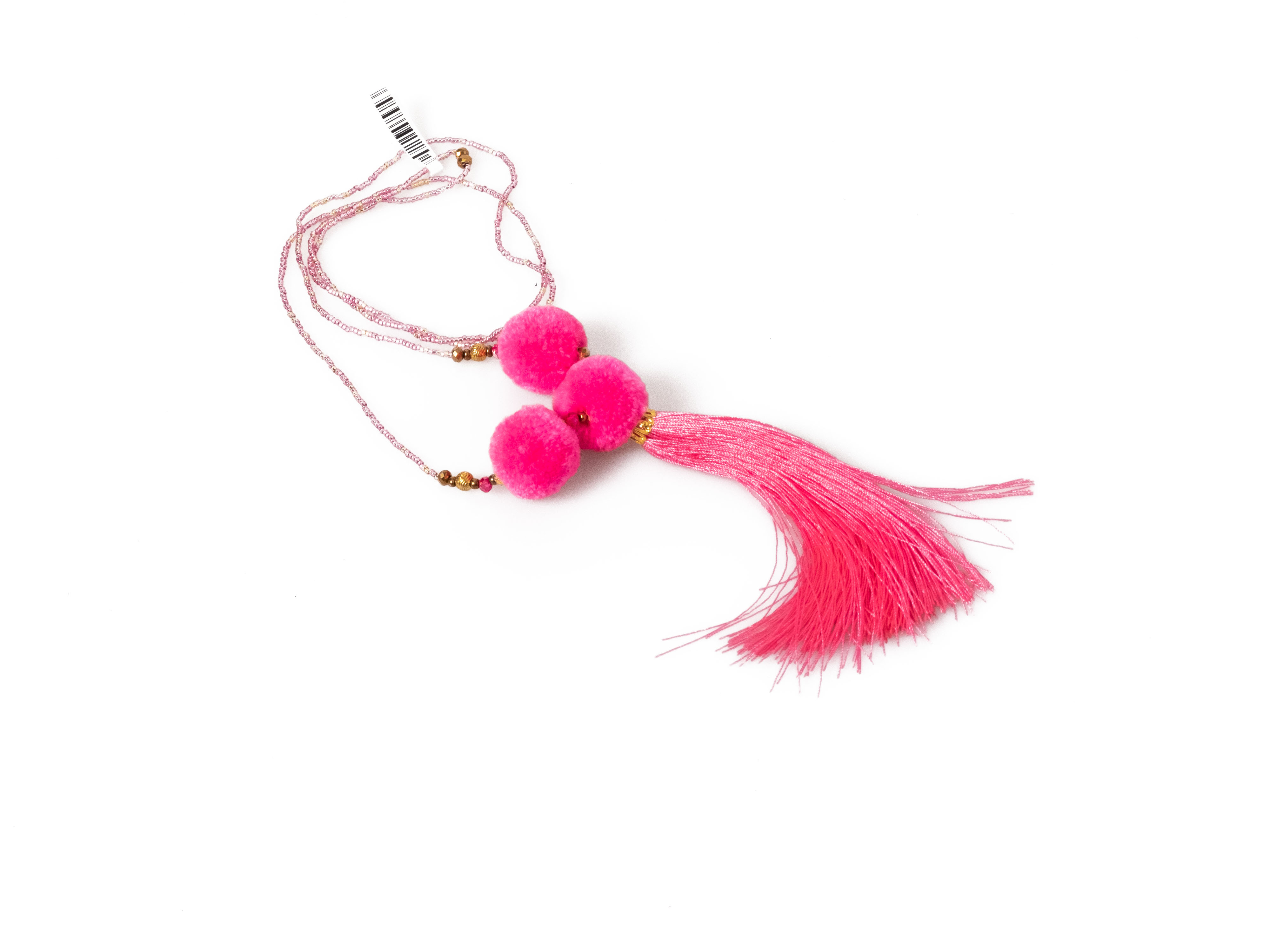 Bommelkette_Rosa_3 Neonkette pink im Bohostyle mit Glasperlen, Pompons und Quaste