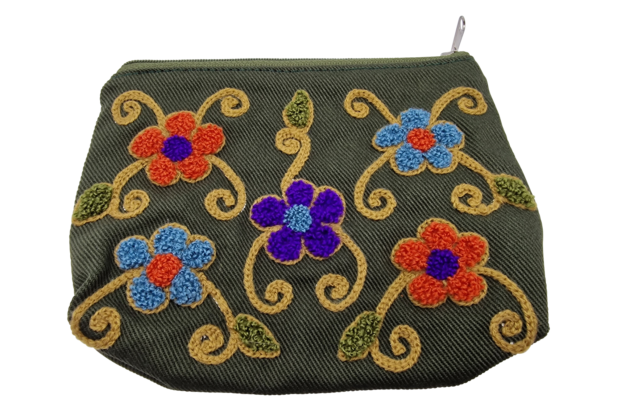 Beautybag Kosmetiktasche olive mit Blumen bestickt