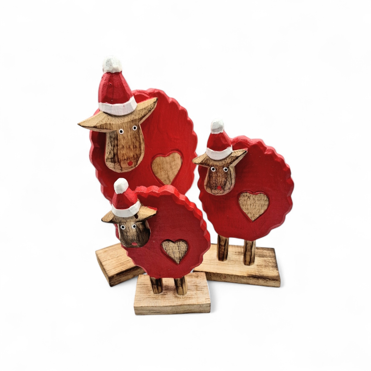 Weihnachtsschafe aus Holz S/3, zum Aufstellen, rot/braun, mit Santamütze, handgemacht