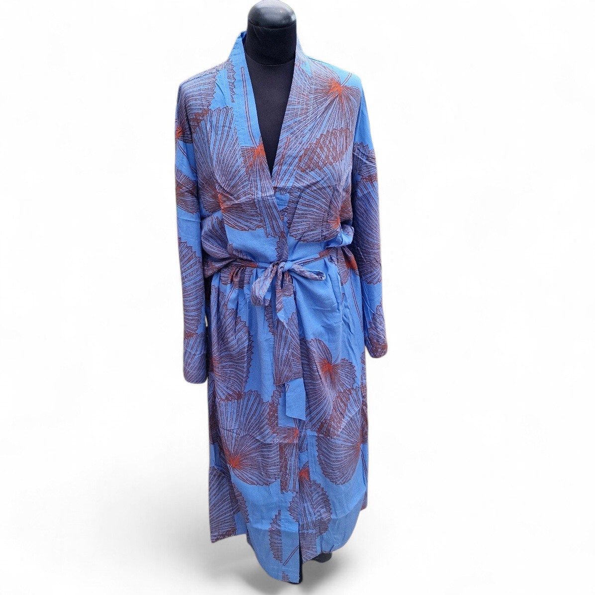 Kimono aus Viskose mit großen Blättern hellblau/orange one size