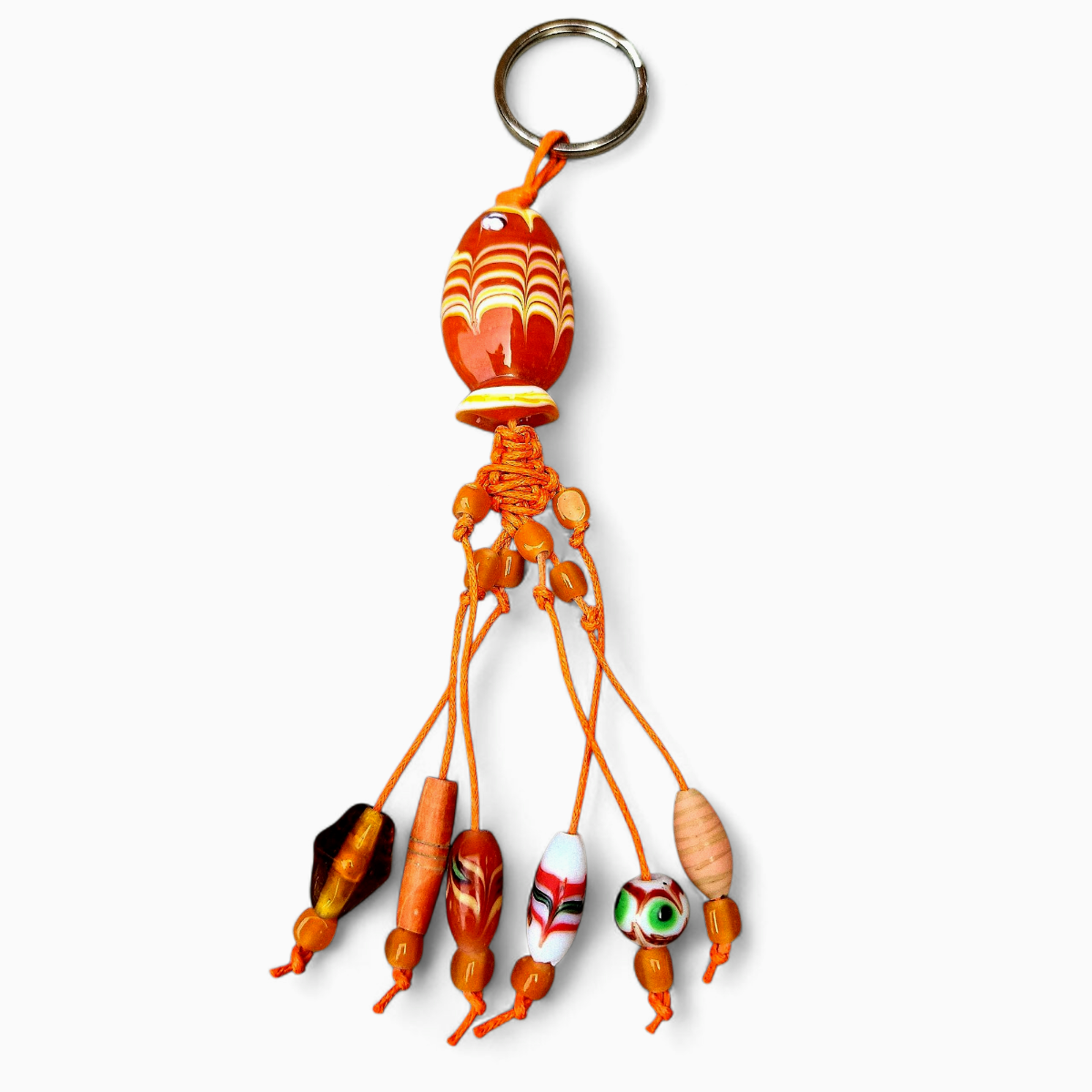 Schlüsselanhänger Boho orange mit Glasfisch und Perlen 17 cm