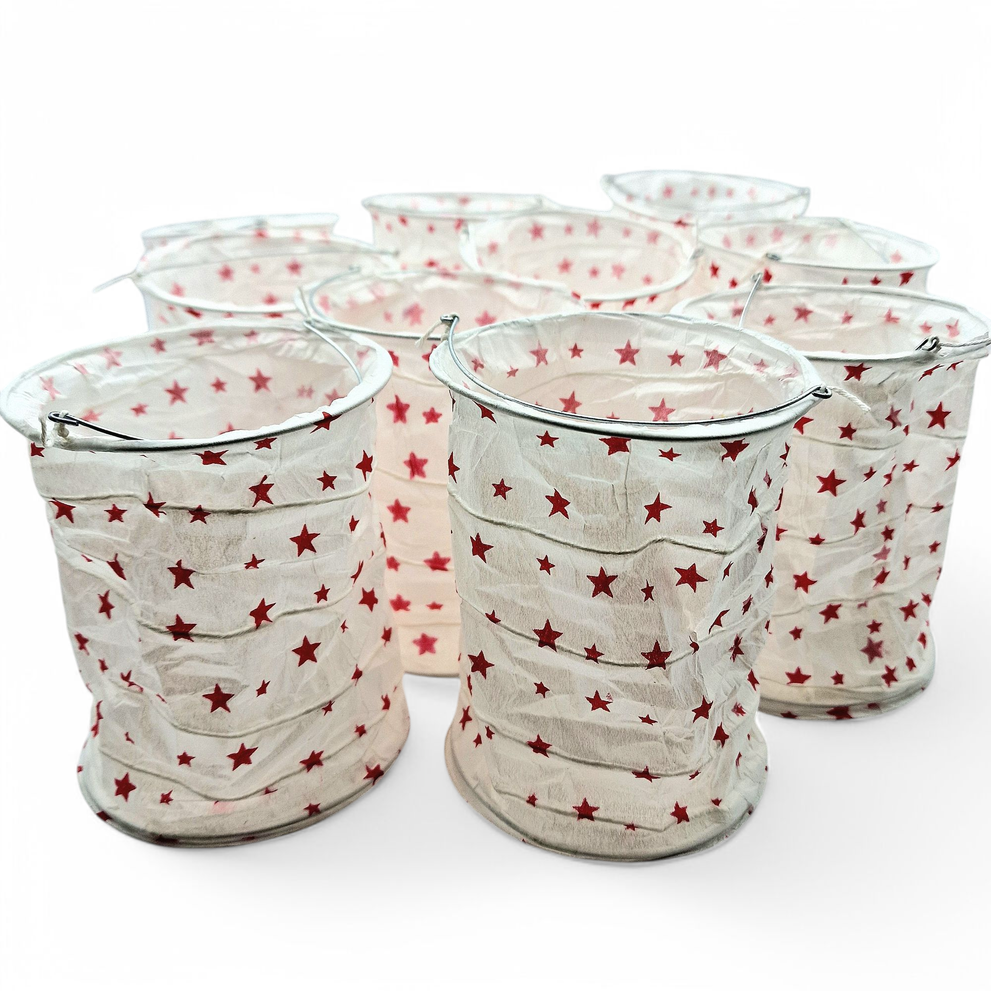 Papierlampions Windlichter S/10 rote Sterne auf weiß (M)