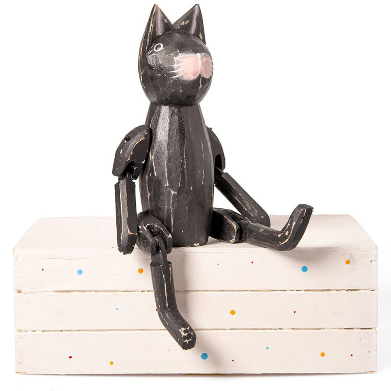 Holzfigur Kantenhocker Katze Dekokatze schwarz 22cm