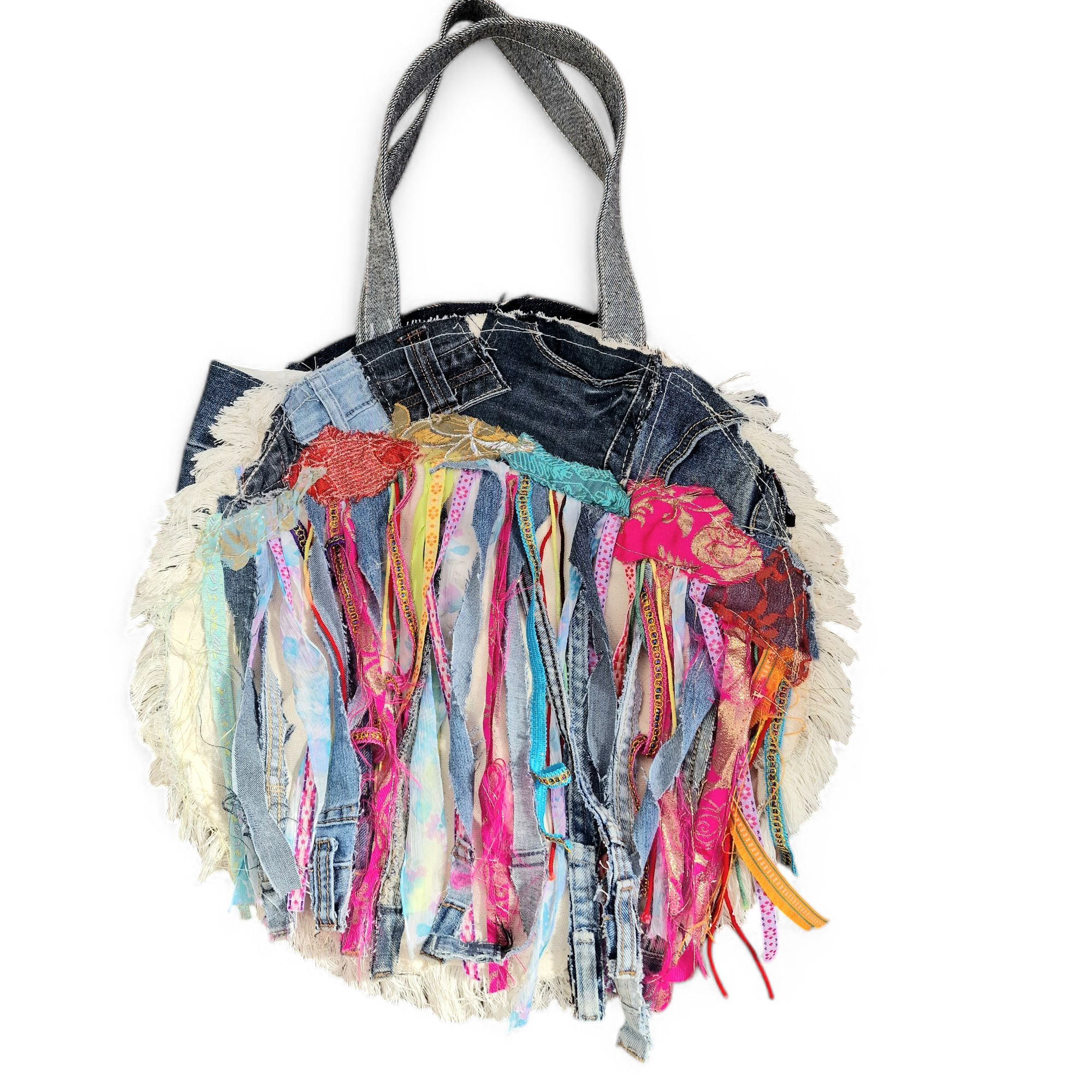 20250318_132543 Shopper Denim rund mit bunten Fransen im Hippiestyle, Jeanslook