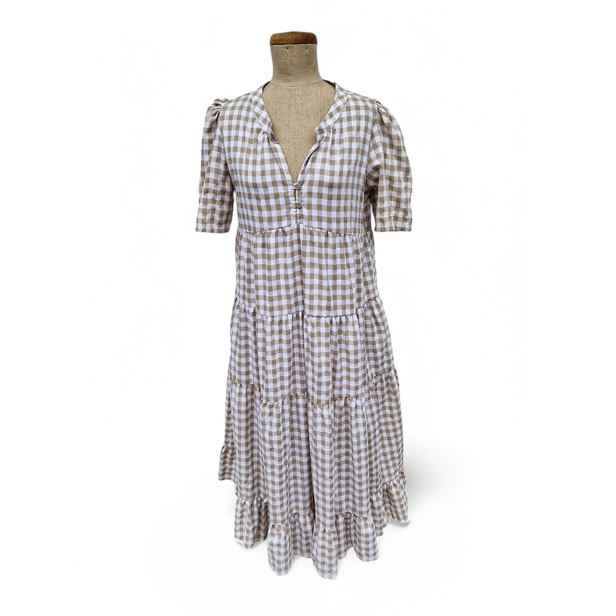 20250326_165931 Volantkleid mit Gingham-Karos beige/weiß