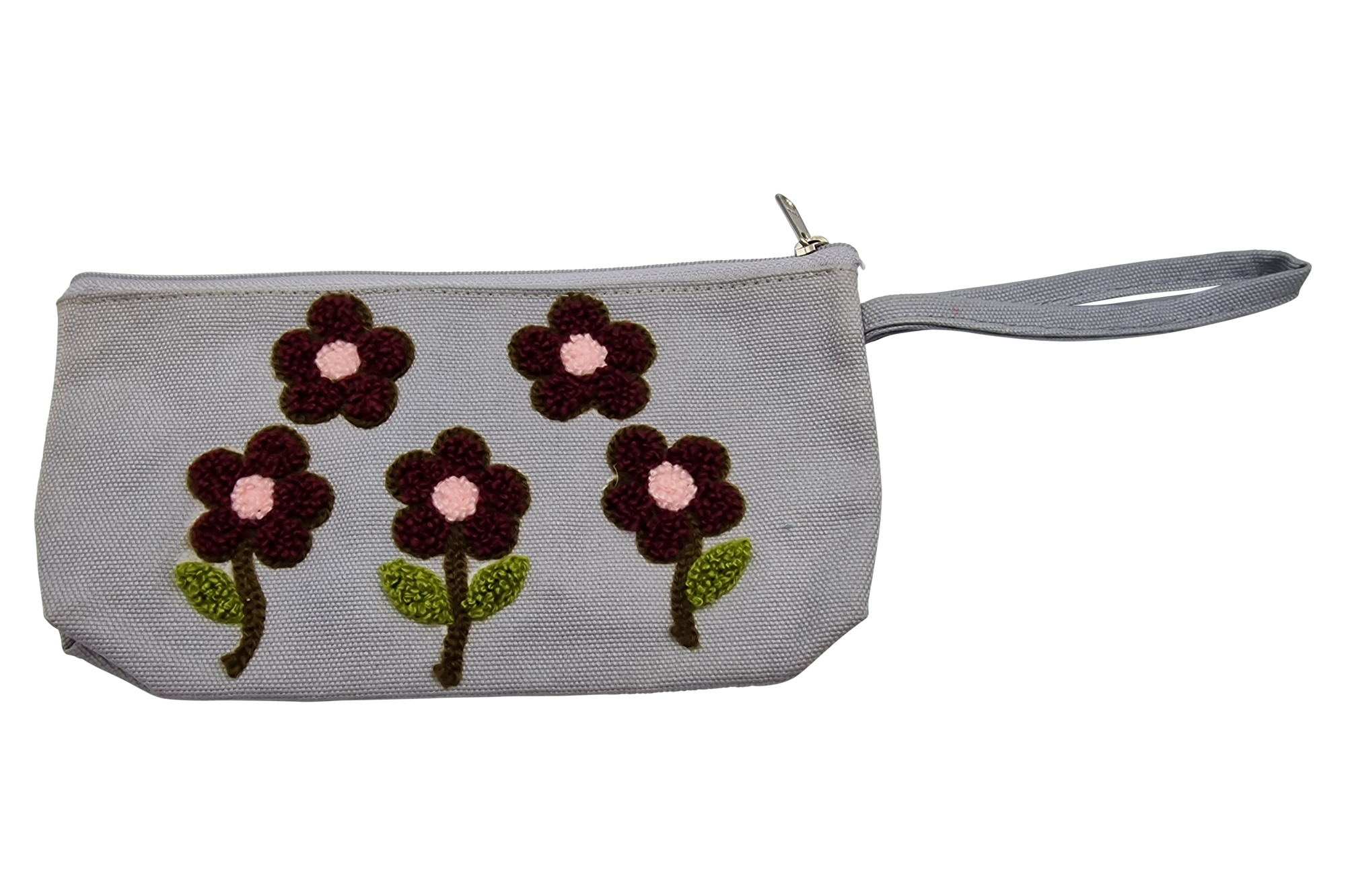 Kosmetiktasche Clutch  hellgrau, dunkelrote Blumen
