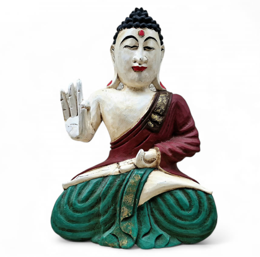 Buddha aus Holz sitzend, handgeschnitzt, Abhaya Mudra, 30cm