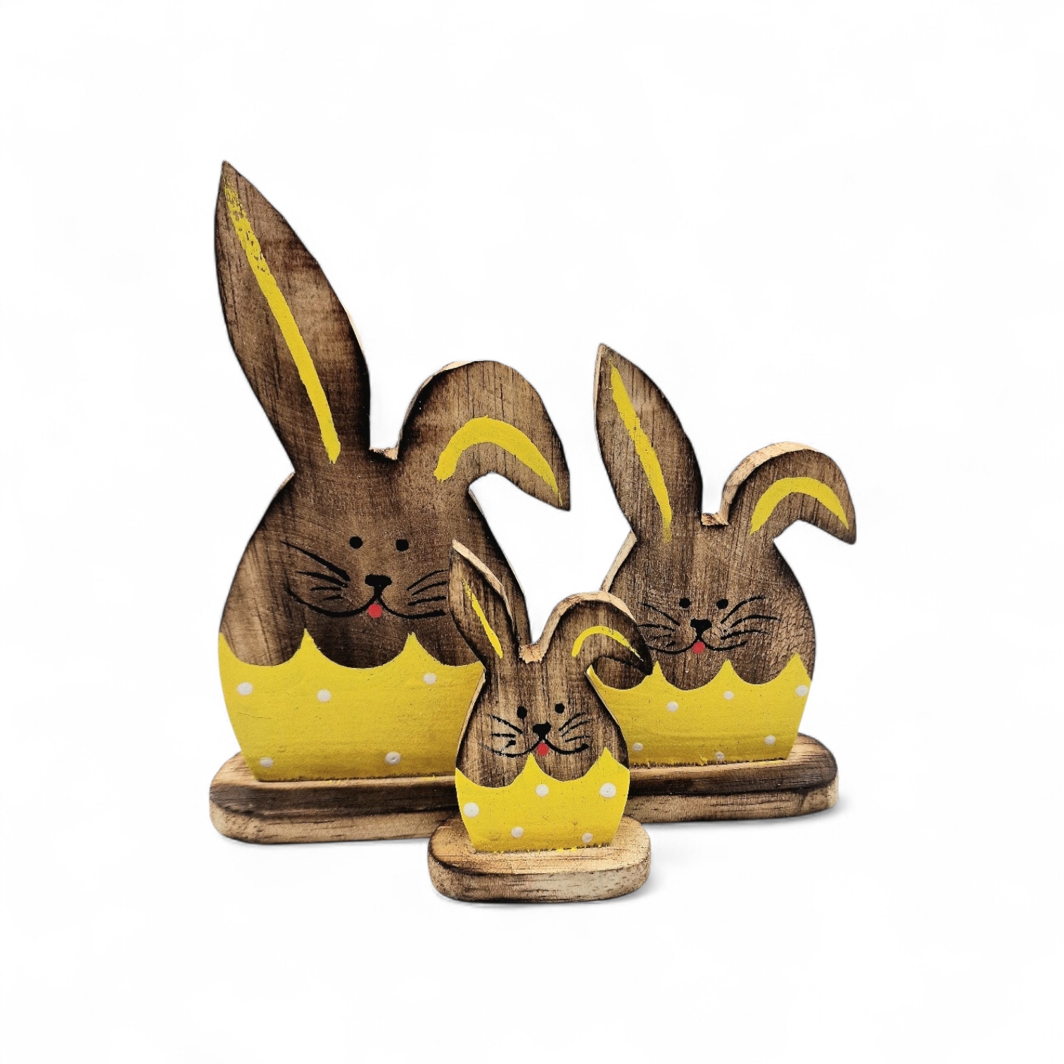 Hasenfamilie aus Holz, Aufsteller gelb/braun, S/3 handgemacht