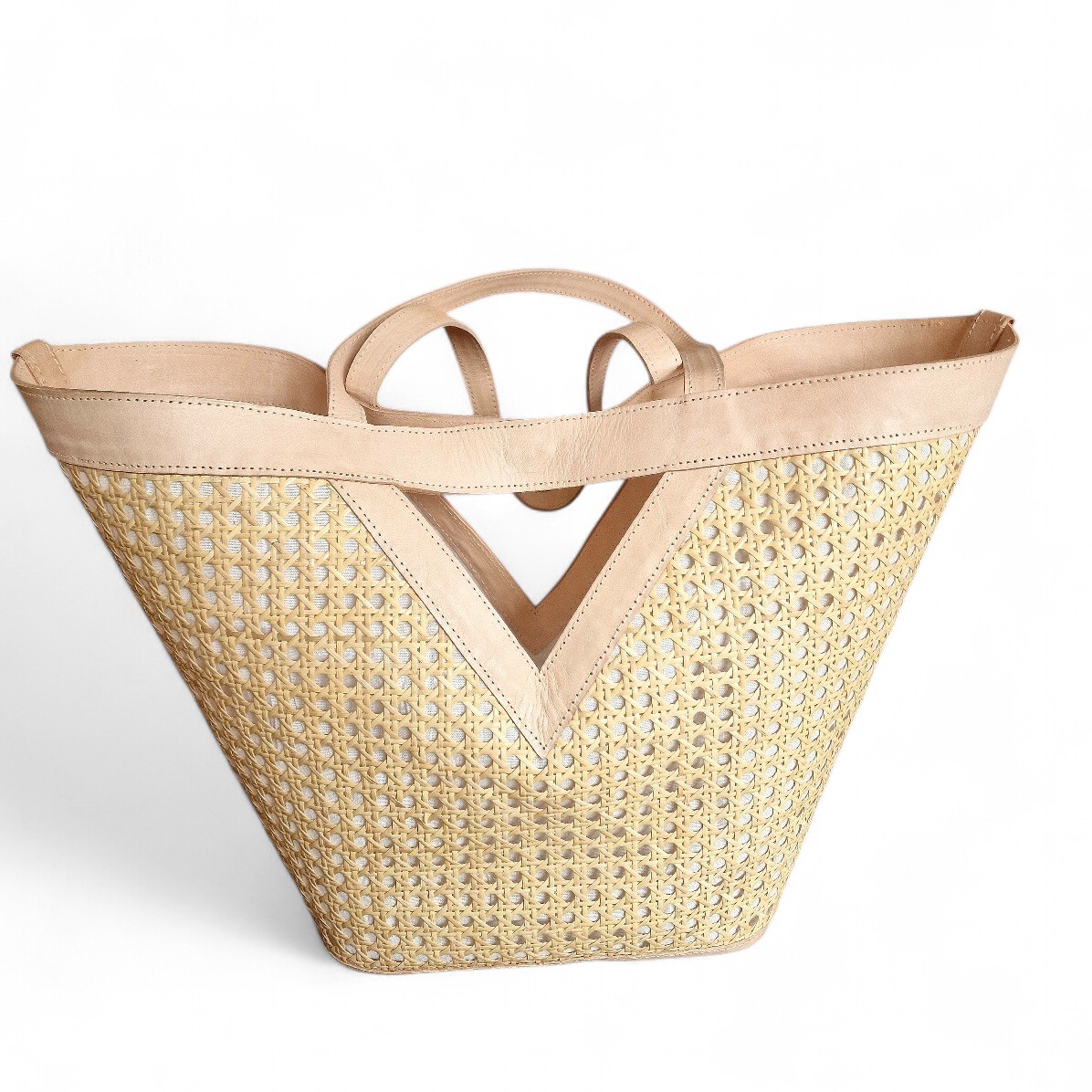 Shopper Basttasche mit Leder, geflochten in "Wiener Geflecht" 