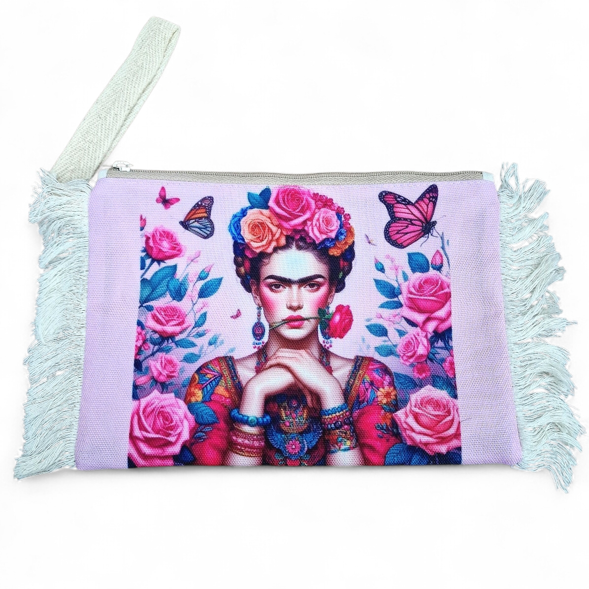  Boho Clutch Frida Kahlo pink mit Rosen und Fransen, 27x15 cm 