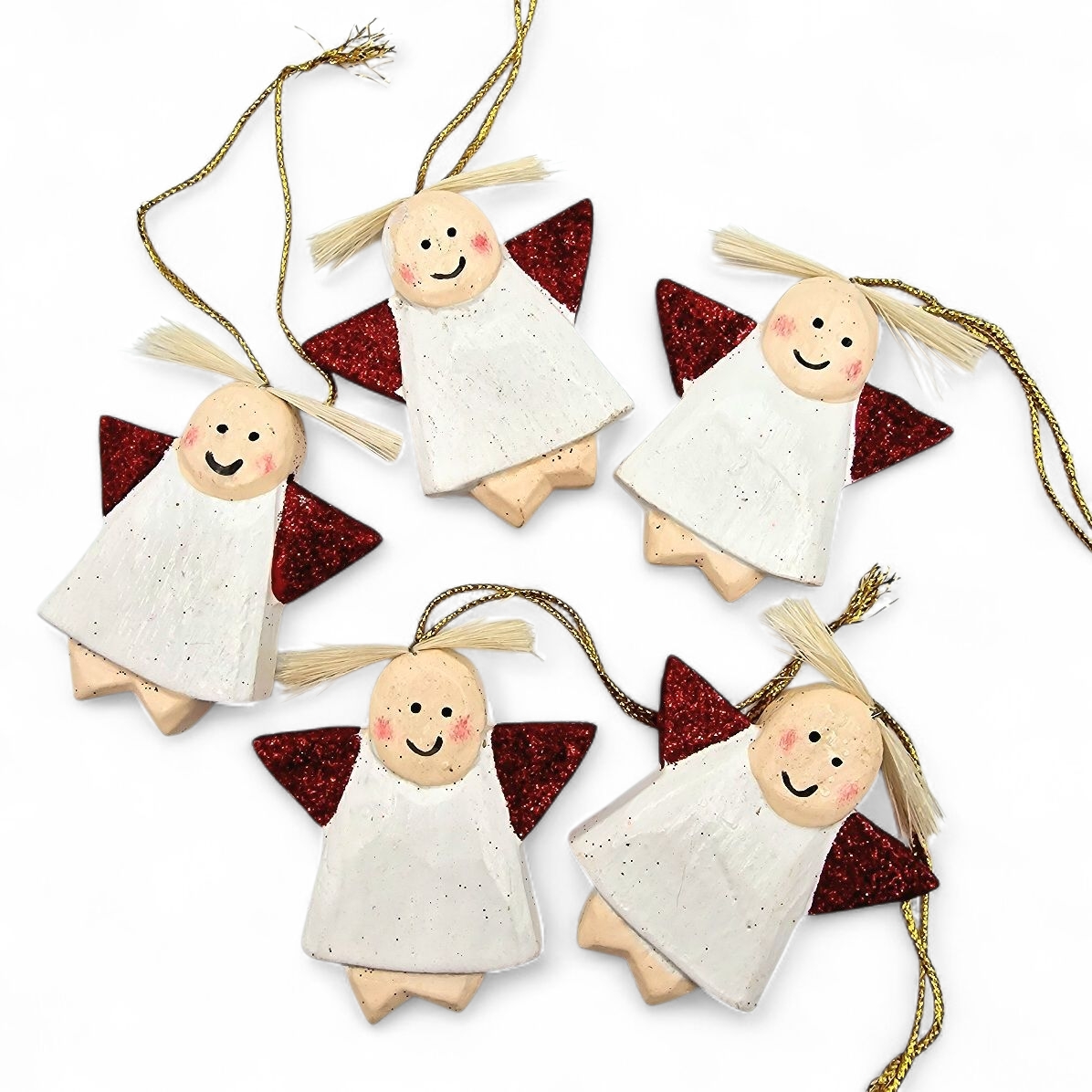 Holzengel Anhänger 6 cm, handgemacht S/5, rote Glitzerflügel 