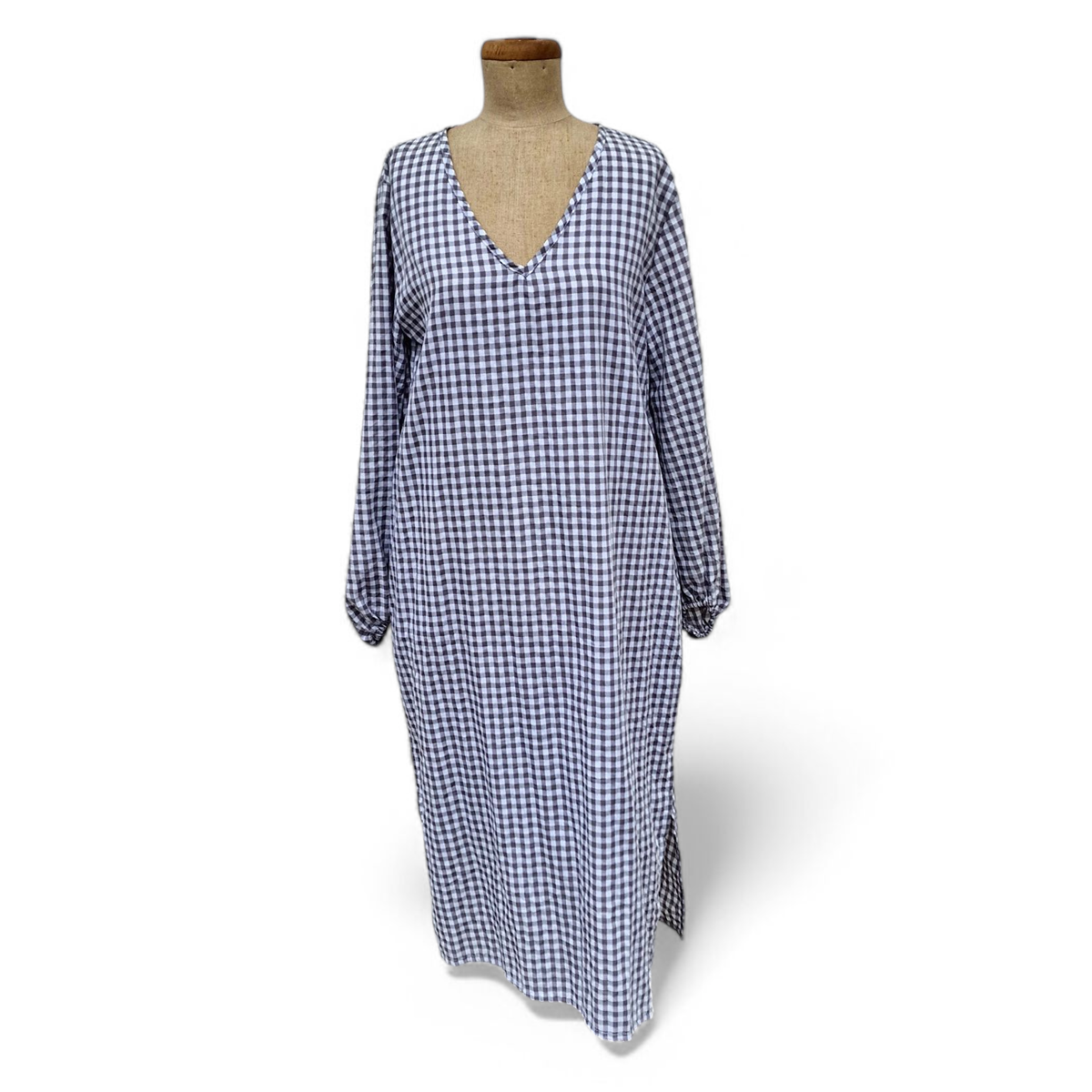Gingham-Kleid grau/weiß Cotton mit langen weiten Ärmeln