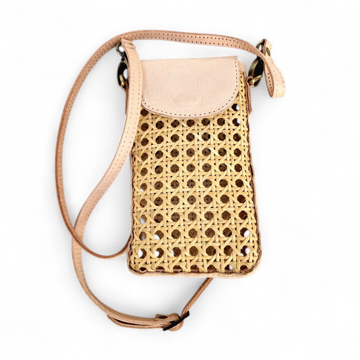 Handy Pouch crossbody aus Leder und Rattan, Wiener Geflecht Design