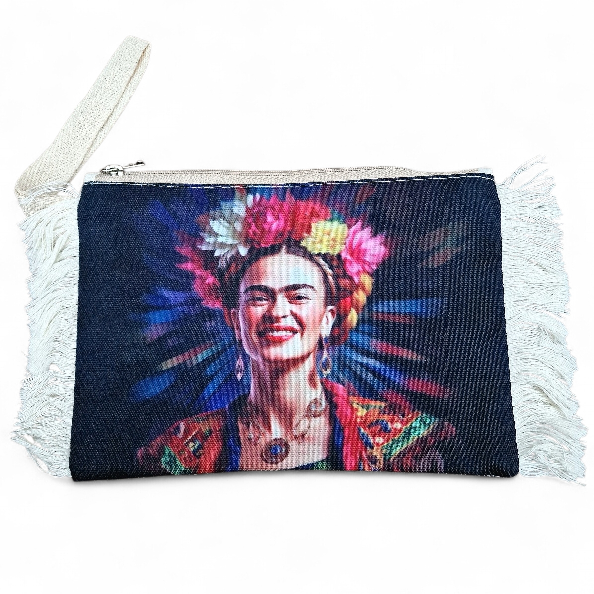  Boho Kosmetiktasche Frida Kahlo Motiv mit Fransen, 27x15 cm 