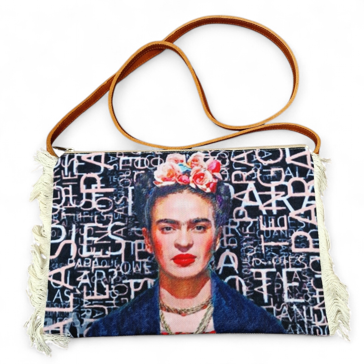  Cross over bag Frida Kahlo blau, Fransen, Lederhenkel 31x21 cm