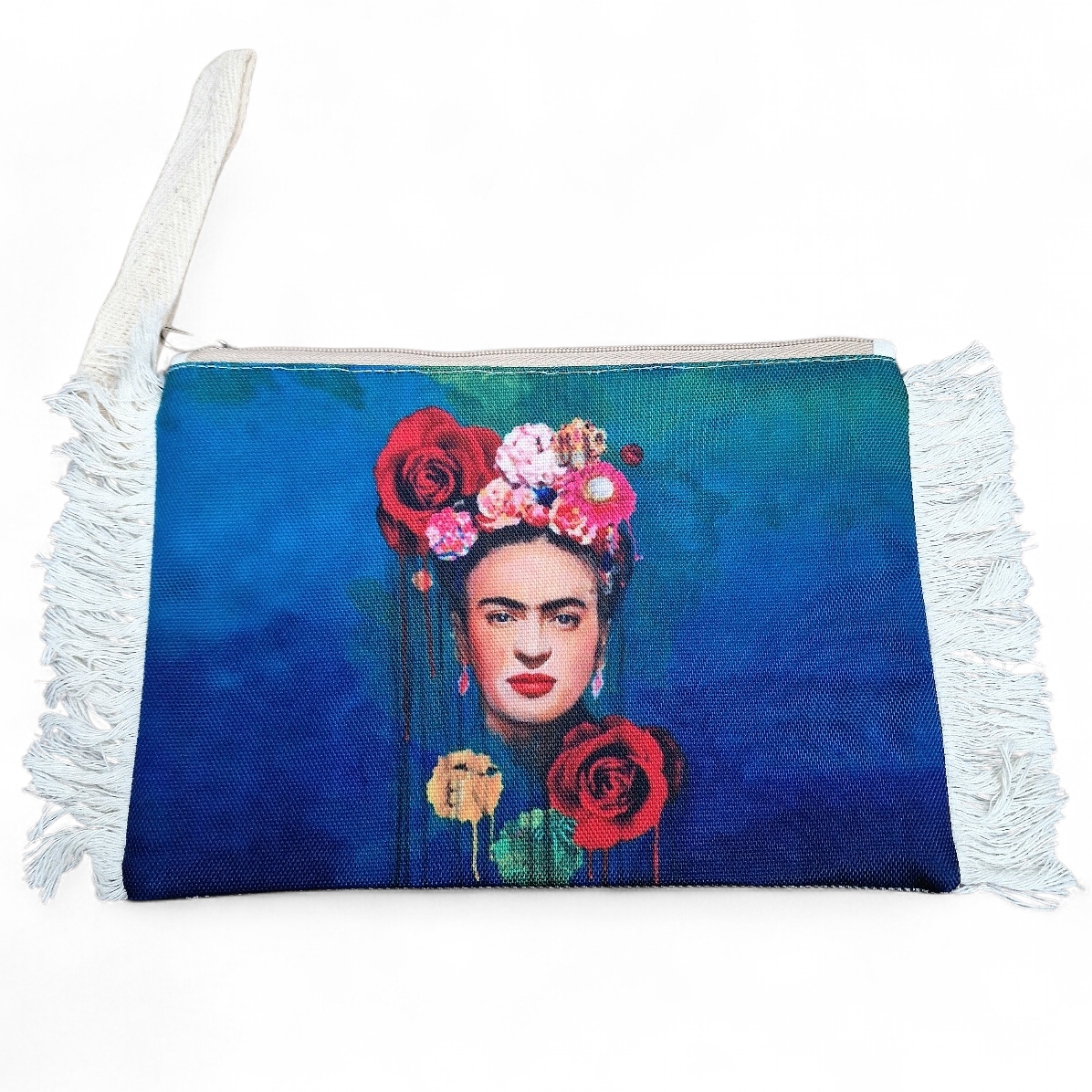  Clutch Frida Kahlo Kosmetiktasche mit Fransen, petrol-blau 27x15 cm 
