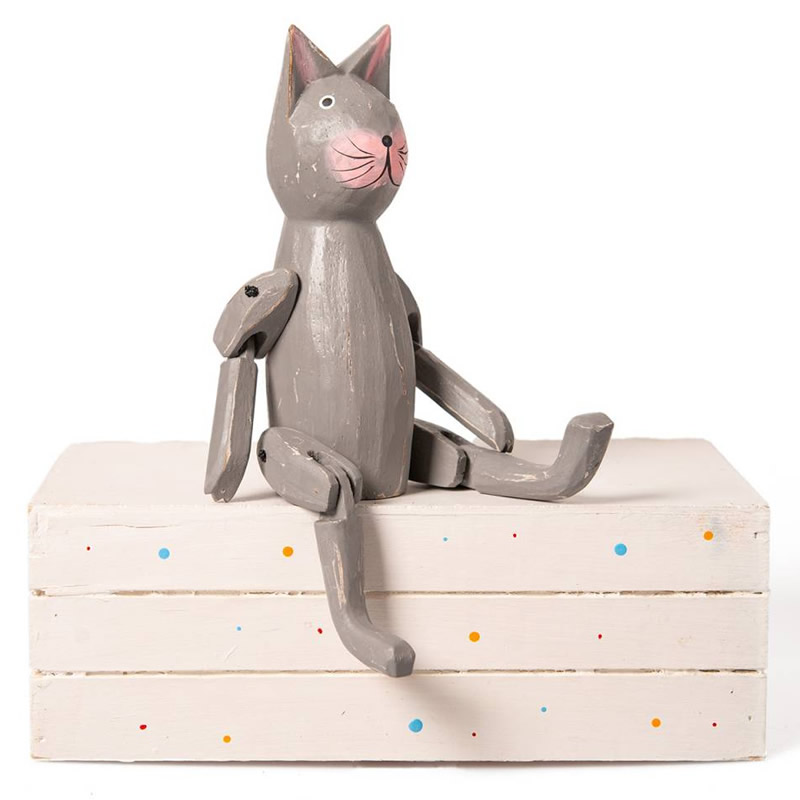 Holzfigur Kantenhocker Katze Dekokatze grau 22cm