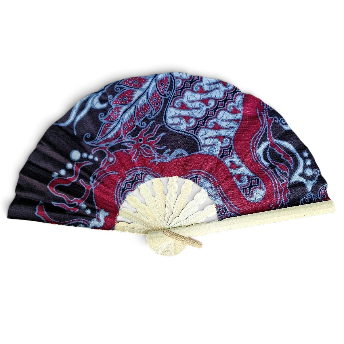 Klappfächer Boho aus Sarongstoff in Rottönen, Baumwolle/Holz
