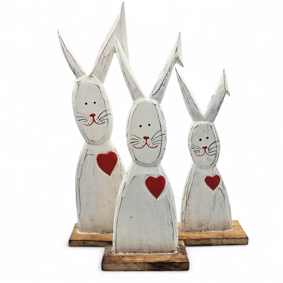 Hasenfamilie aus Holz, Aufsteller, weiß mit rotem Herz, handgemacht, Osterdeko
