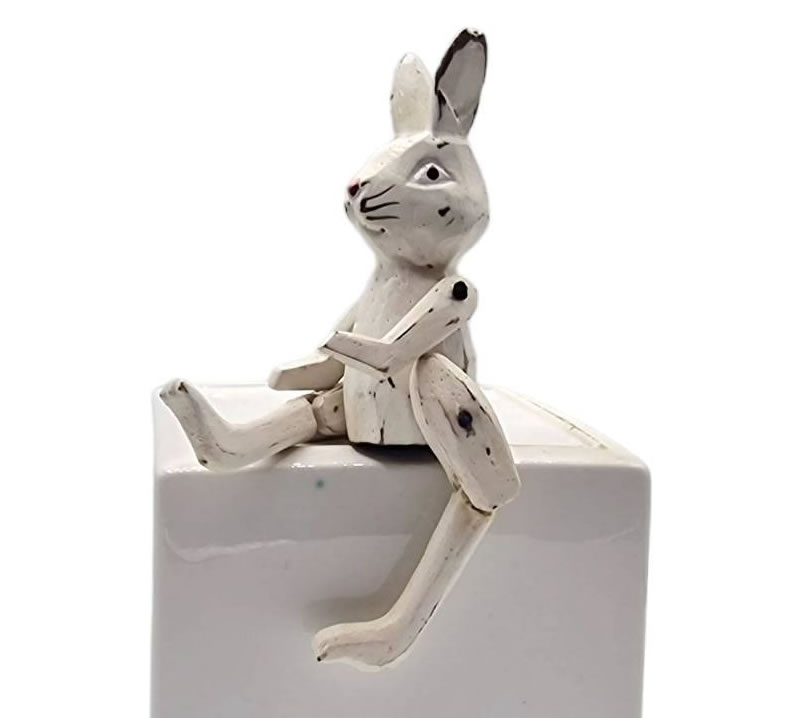 Holzfigur Kantenhocker Hase mini Dekohase 10 cm (weiß)