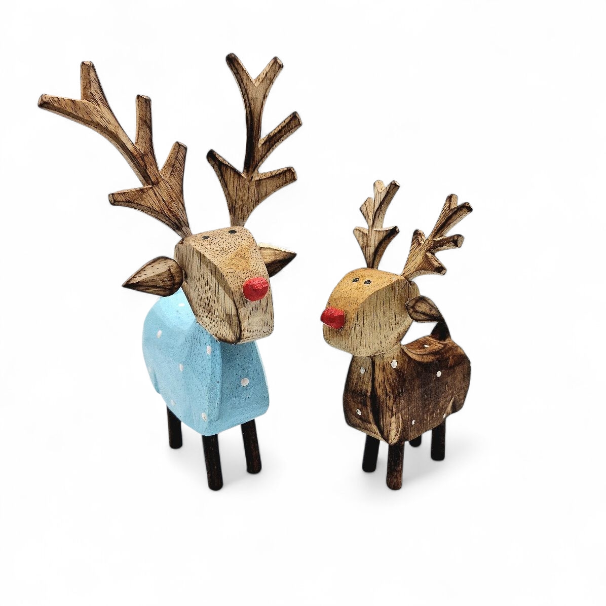 Elch aus Holz S/2 red nose handgemacht, braun und hellblau