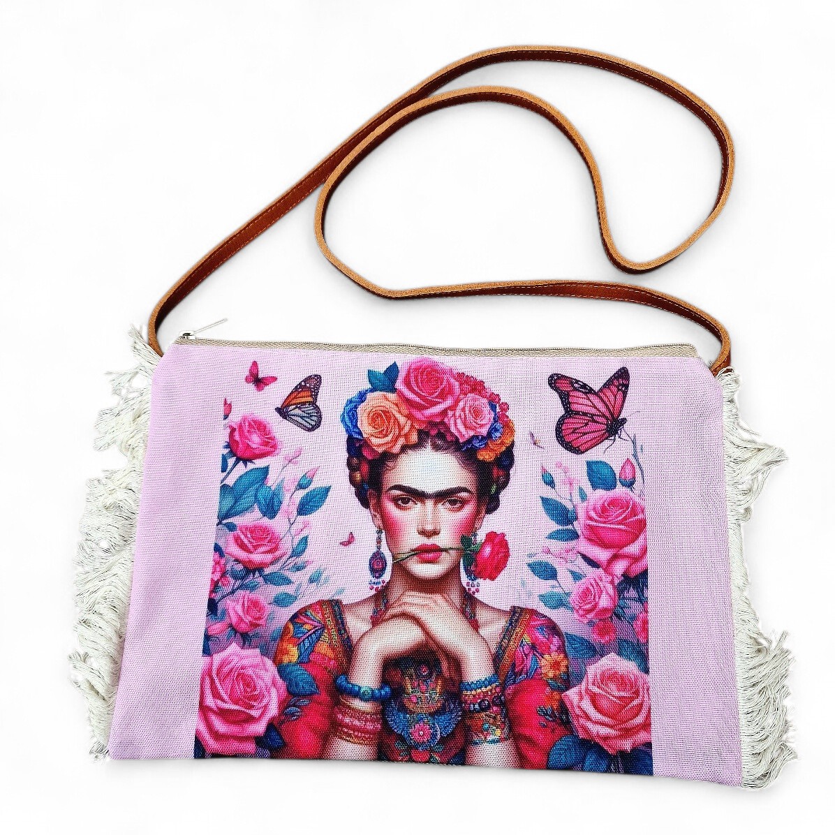  Umhängetasche Frida Kahlo mit Rosen, pink, Fransen, Lederhenkel 31x21 cm 