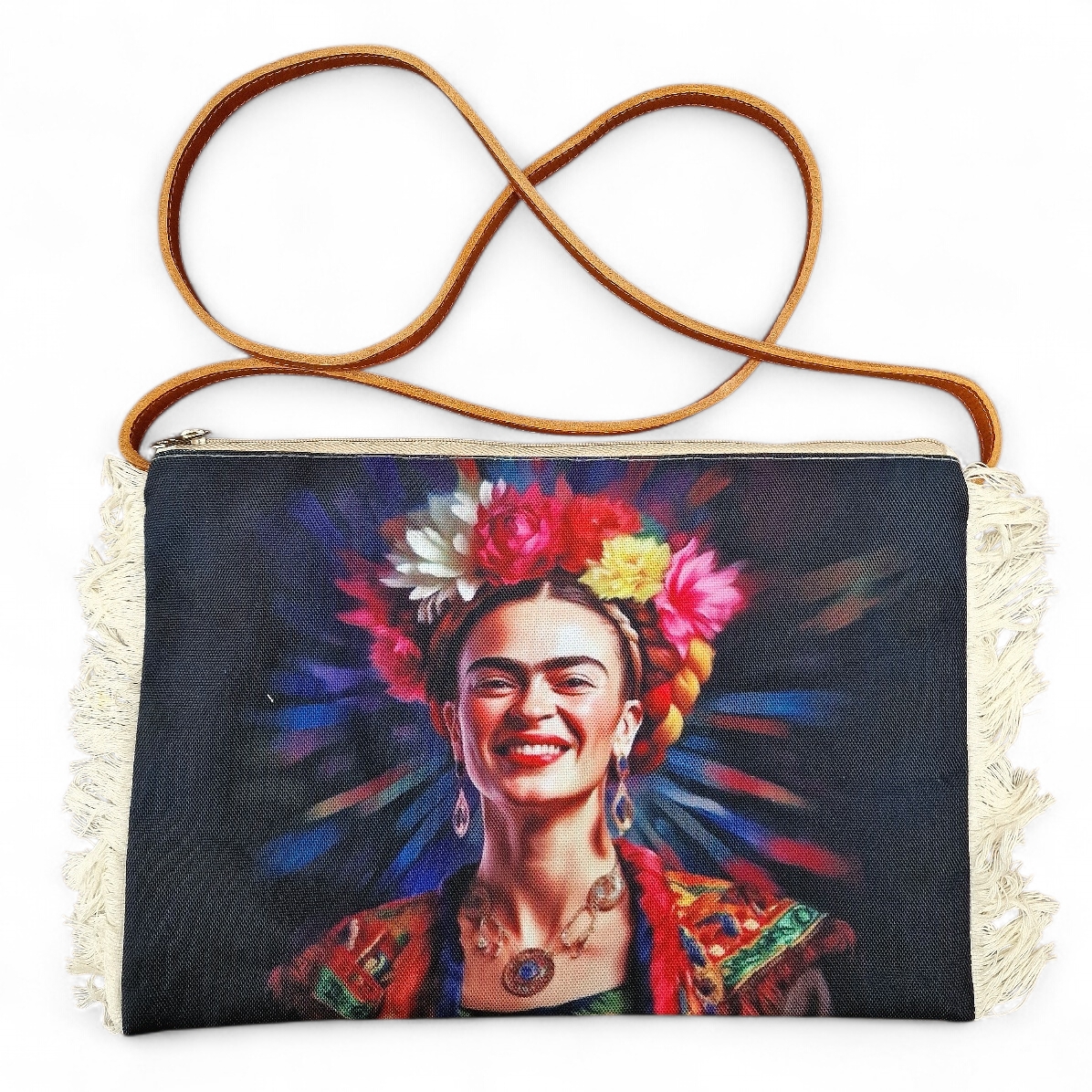  Umhängetasche Frida Kahlo strahlend mit Fransen und Lederhenkel 31x21 cm  