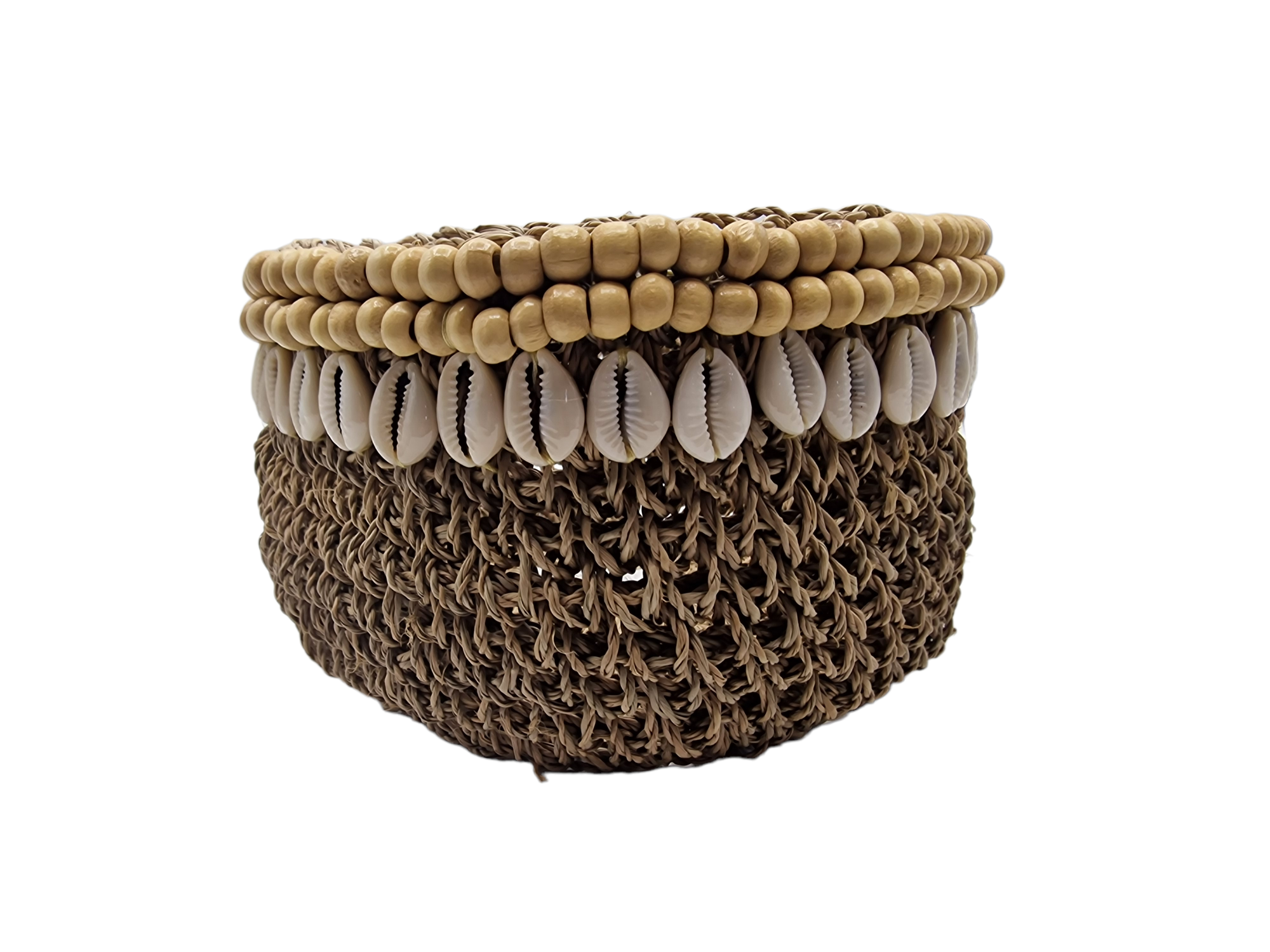 Korbschale, Muschelkorb mit Holzperlen, aus Sisal Makramee 25cm