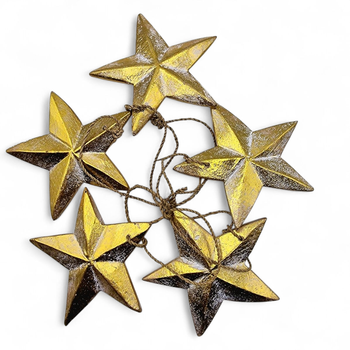 Sterngirlande Holz aus Holz mit 5 Goldsternen, 110 cm handgemacht