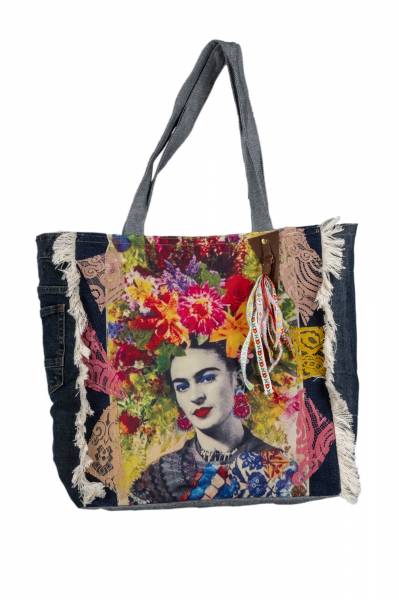 Boho-Tasche FRIDA Kahlo im Jeanslook, Blumenfrisur