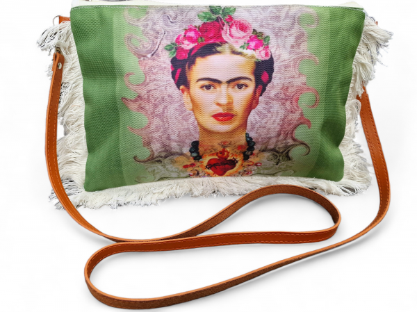 Umhängetasche Frida Kahlo crossover grün mit Lederriemen