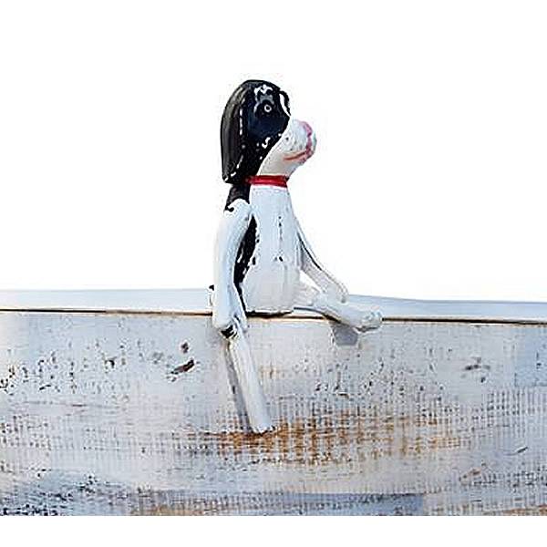 Holzfigur Kantenhocker Hund schwarz/weiß Dekohund 16 cm