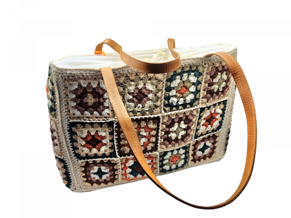 Vintage Shopper Strandtasche Granny Square Muster beige-braun-grün