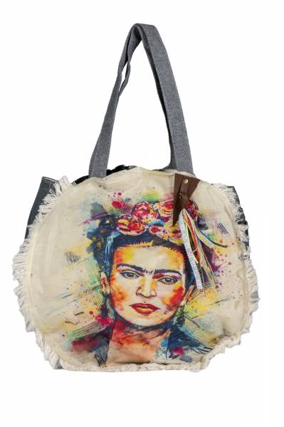 Strand-Tasche Frida Kahlo im Jeanslook rund, im Bohostyle