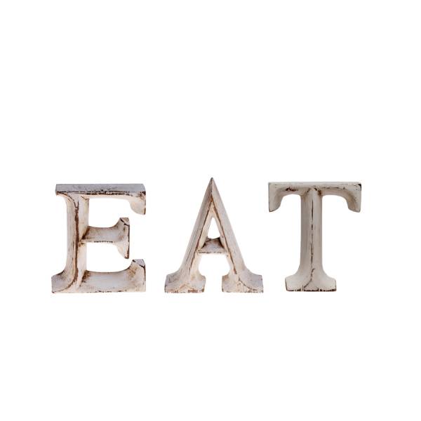 Dekobuchstaben Schriftzug EAT aus Holz, vintage creme 8cm