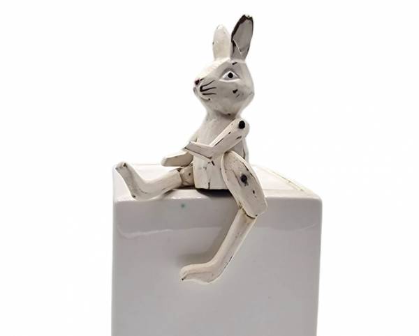 Holzfigur Kantenhocker Hase mini Dekohase 10 cm (weiß)