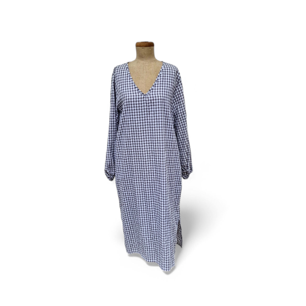 Gingham-Kleid grau/weiß Cotton mit langen weiten Ärmeln