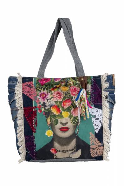 Shopper FRIDA Kahlo im Jeanslook, Bohostyle, Strandtasche