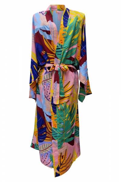 Kimono Wickelkleid Strandkleid Monstera-Muster bunt
