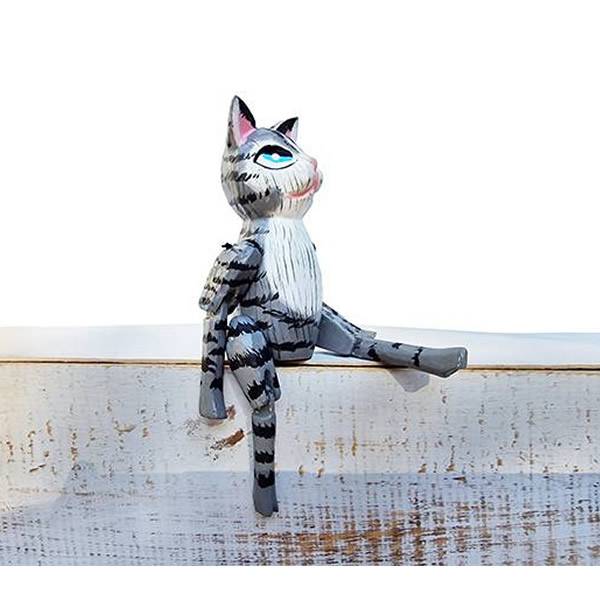 Holzfigur Kantenhocker Katze Dekokatze schwarz-grau gestreift 16cm