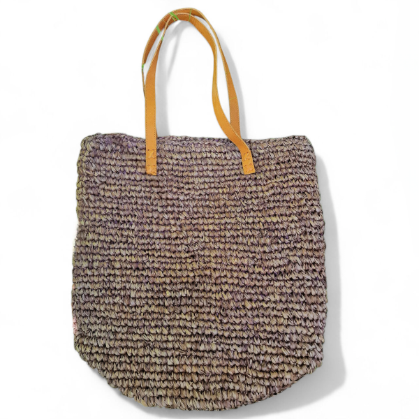 Shopper aus Bast (Raffia/Seegras) braun, Lederhenkel, Innenfutter