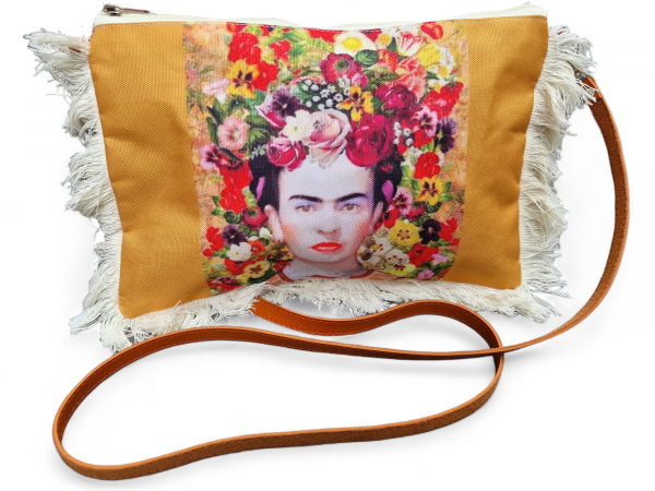 Crossover bag Frida Kahlo gelb mit Lederriemen zum Umhängen